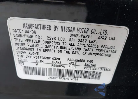 2006 Infiniti G35X из США, поврежденный, VIN JNKCV51F36M614328